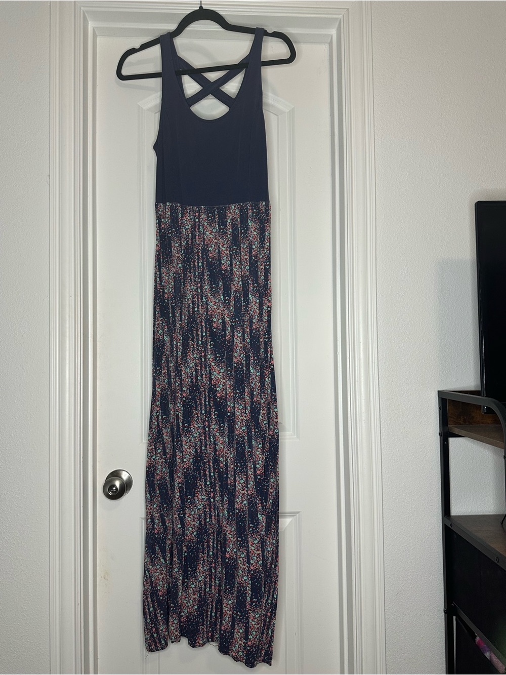 Mudd Navy Sleeveless Maxi Dress with Crisscross Back & Printed Skirt